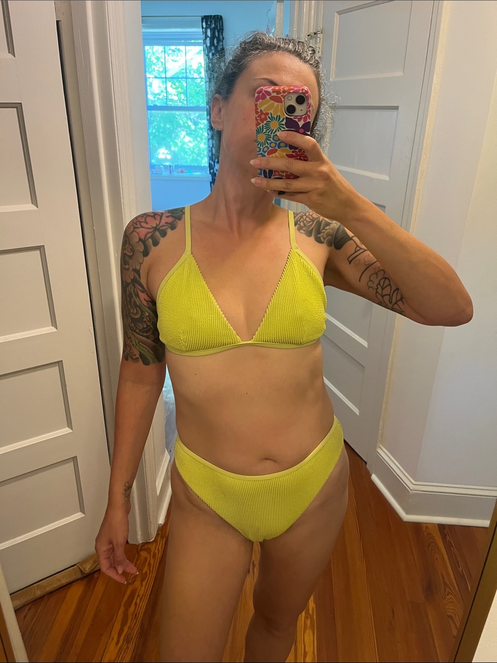 Good American Neon Yellow Ribbed Triangle Bikini Set high leg high waist